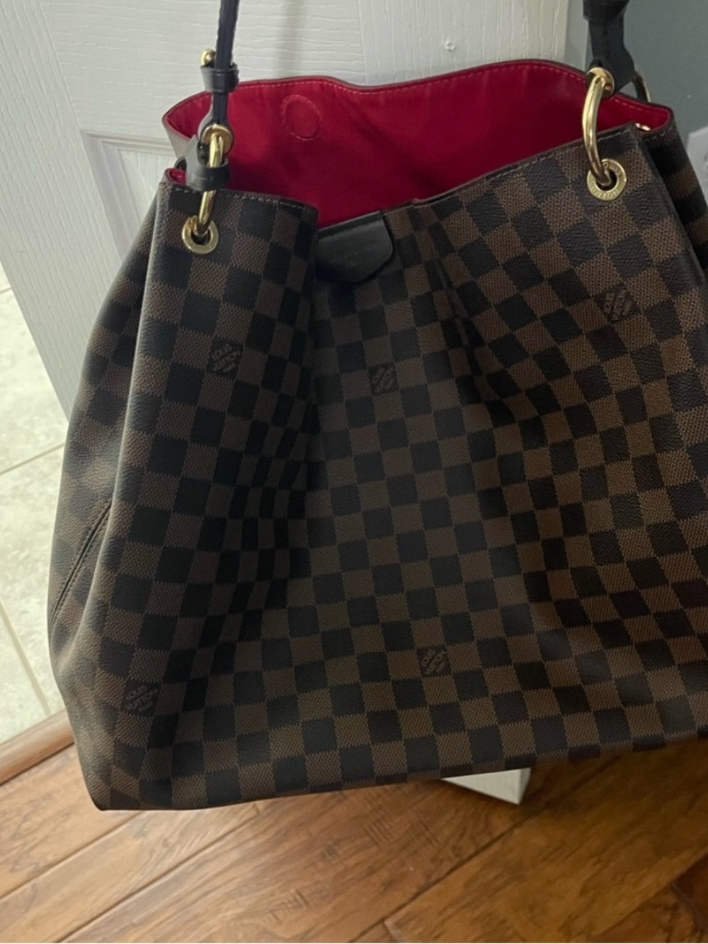 Louis Vuitton Brown Damier Shoulder Bag with Red Interior
